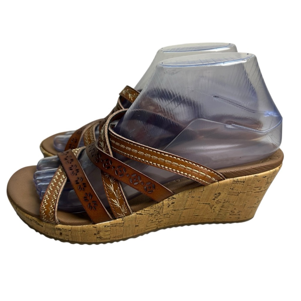 Skechers Beverlee Tiger Leather Strappy Size 6 Brown Cork Wedge Sandals - Picture 4 of 15